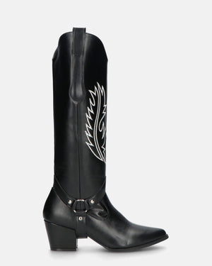 2 in 1 - CAMILA - texan boots with removable upper in black eco-leather and white embroidery