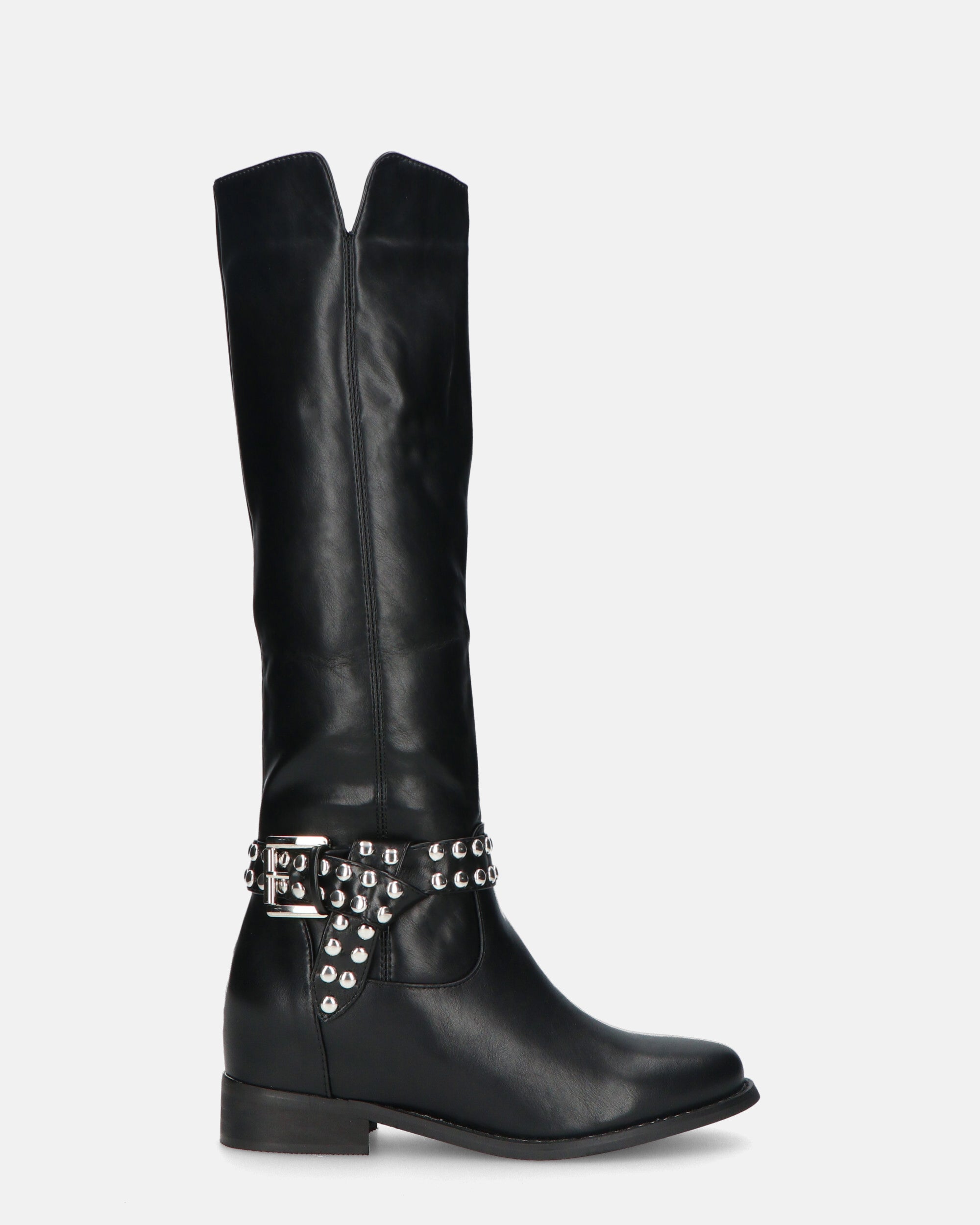 KITA - black high boots with studded strap and side zip