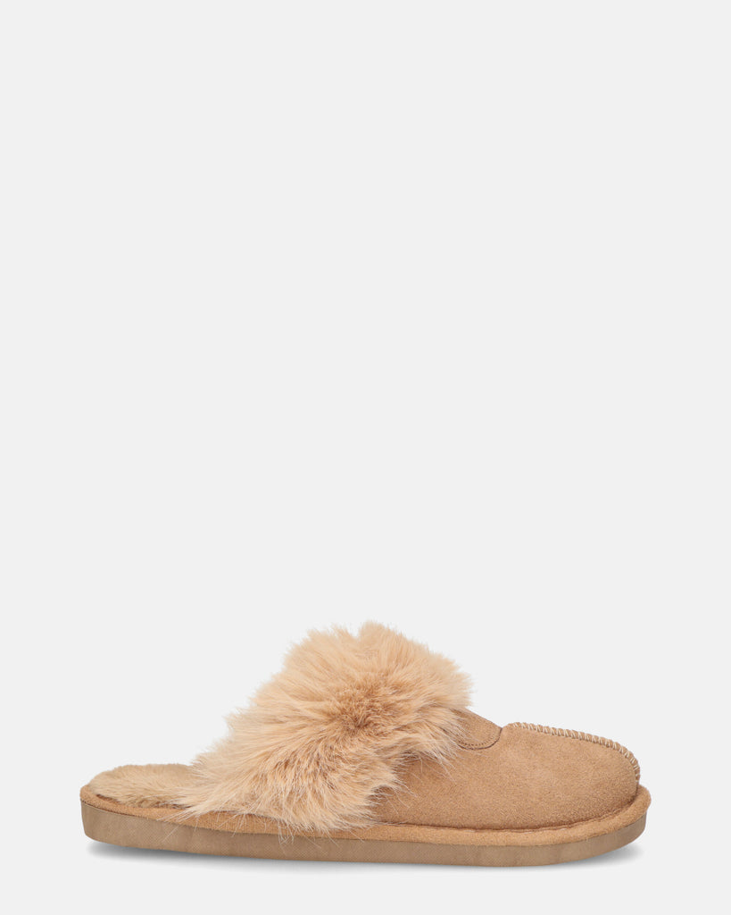 MIDORI - brown slippers with fur and suede
