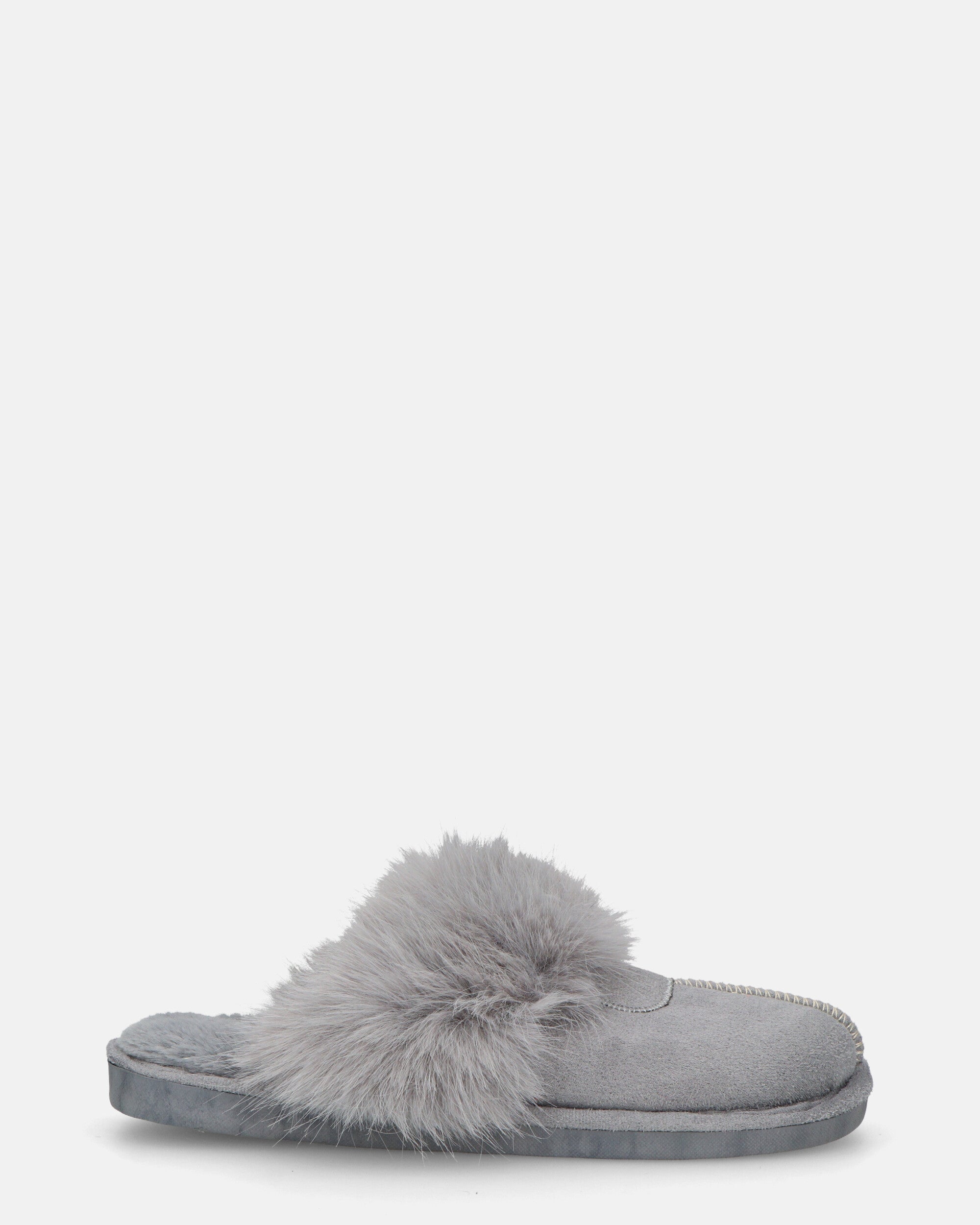 MIDORI - grey slippers with fur and suede