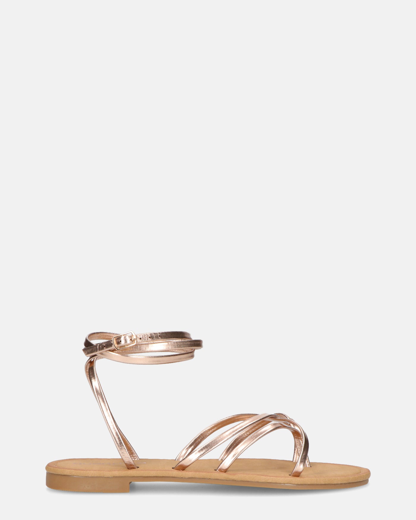 NINA - flat sandals with bronze colored strap and bands