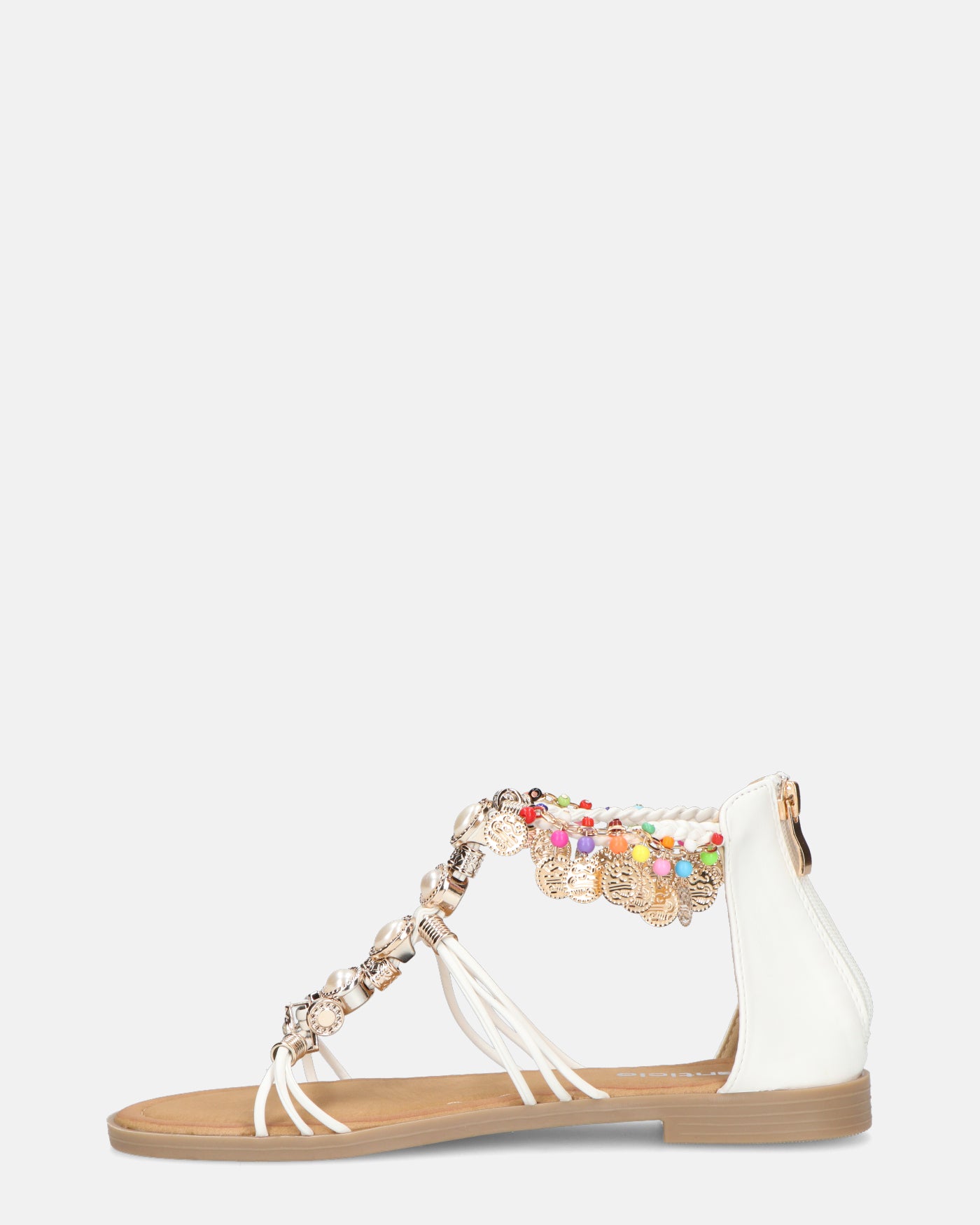 PAULA - beige open sandals with white zip and colored gems