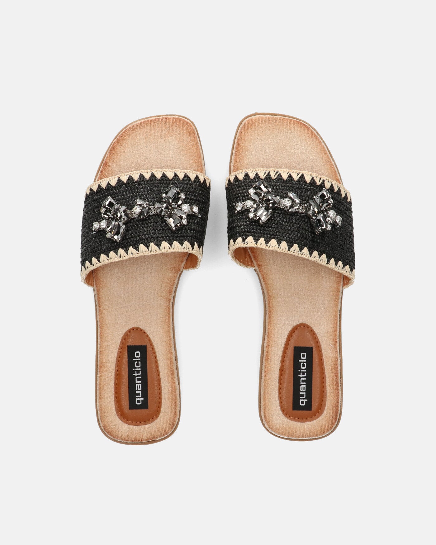 ROZENN - beige slippers with embroidered black band and gems