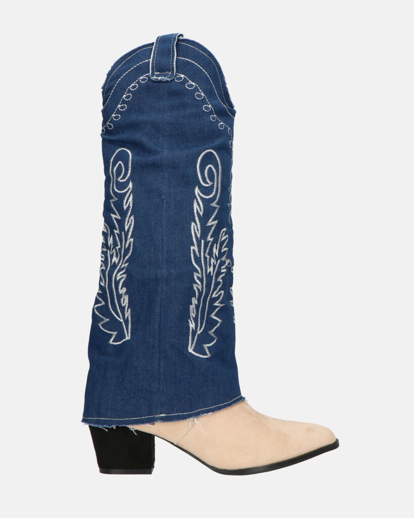 FRANCYS - high camper boots in blue denim fabric and beige suede