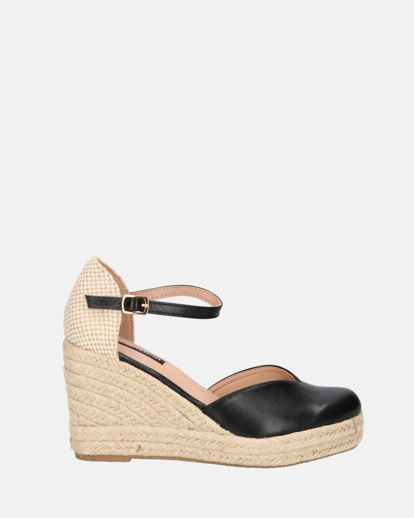 REDIA - sandals with straw wedges and black eco-leather toe