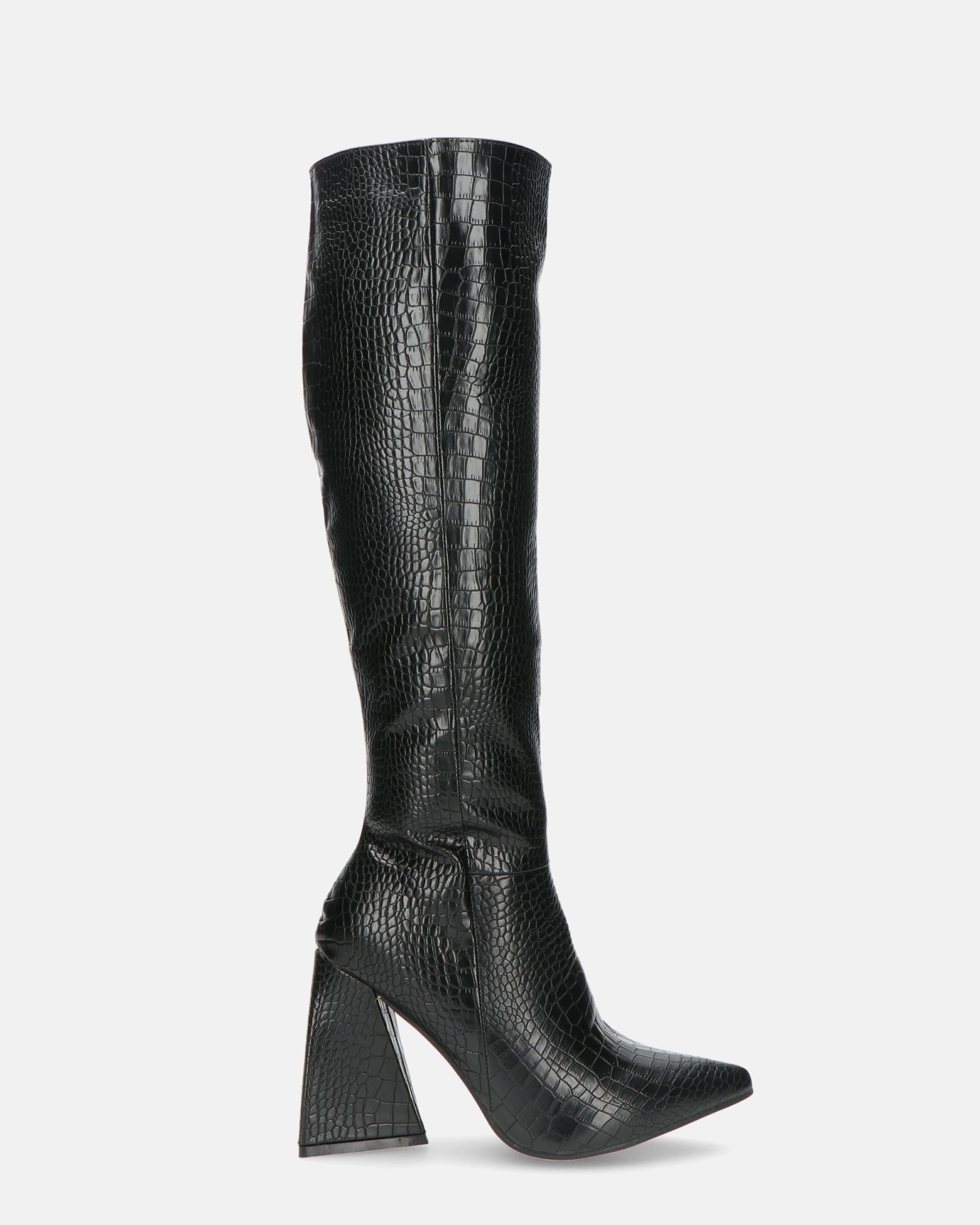 TRUDY - long boots with high heels in black PU with croc print