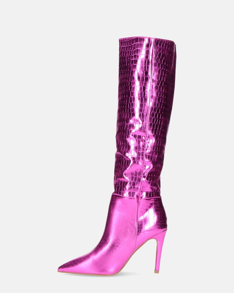 LOLY - fuchsia metallic crocodile print heel boot