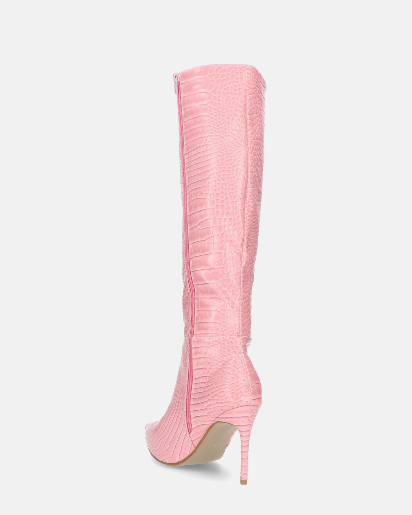 LAILA - high boots in pink eco-leather with crocodile texture and side belt