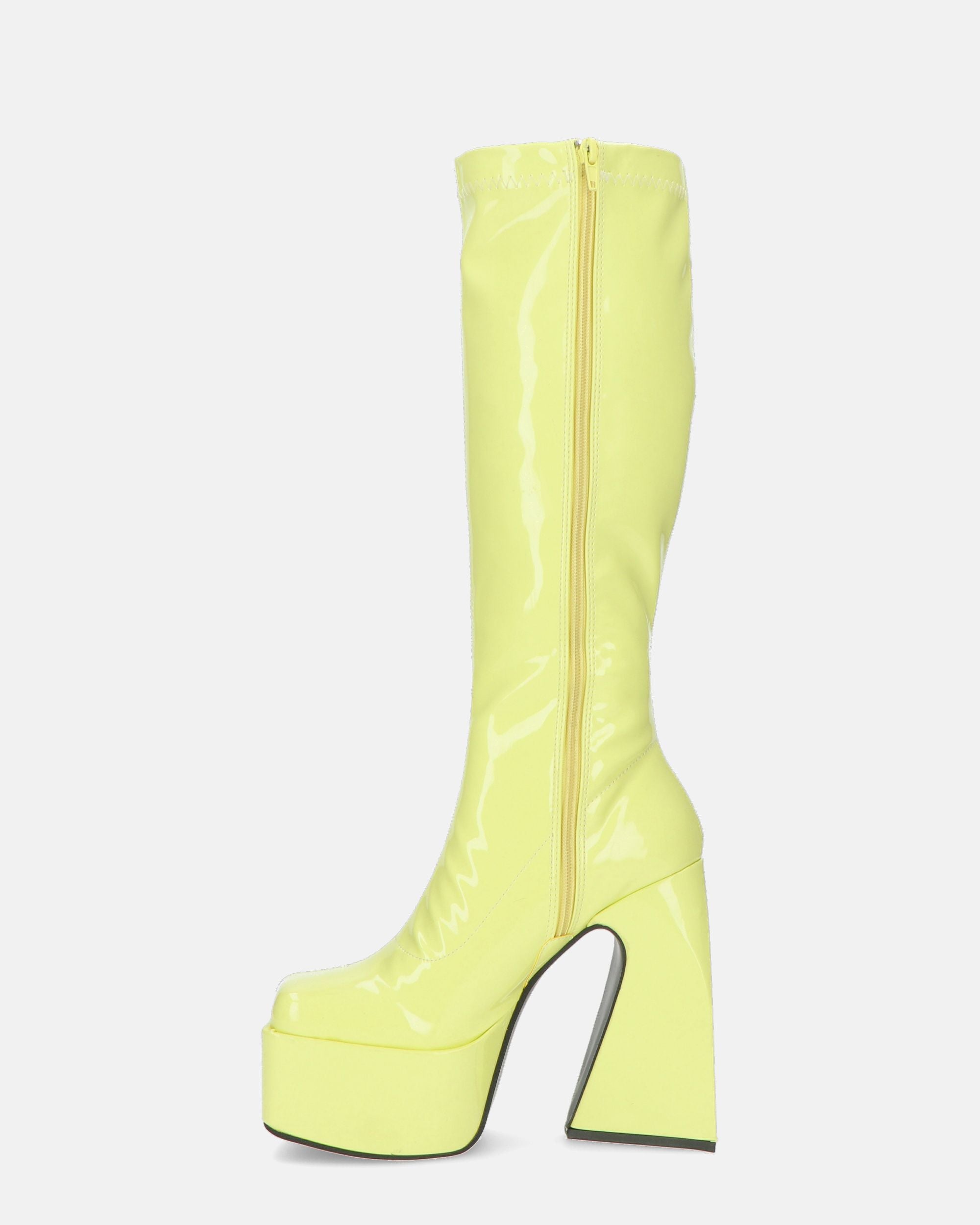 BECKA - high boots in yellow glassy with zip and square heel