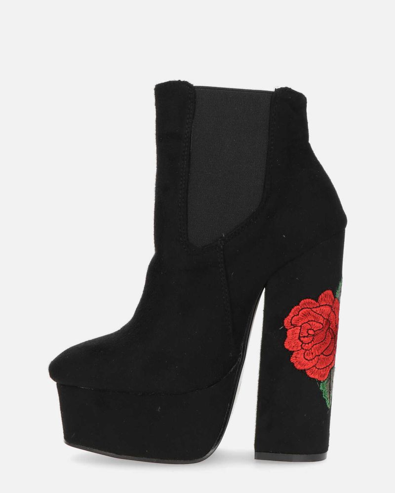 ELIZA - heeled ankle boot in black suede with embroidered roses