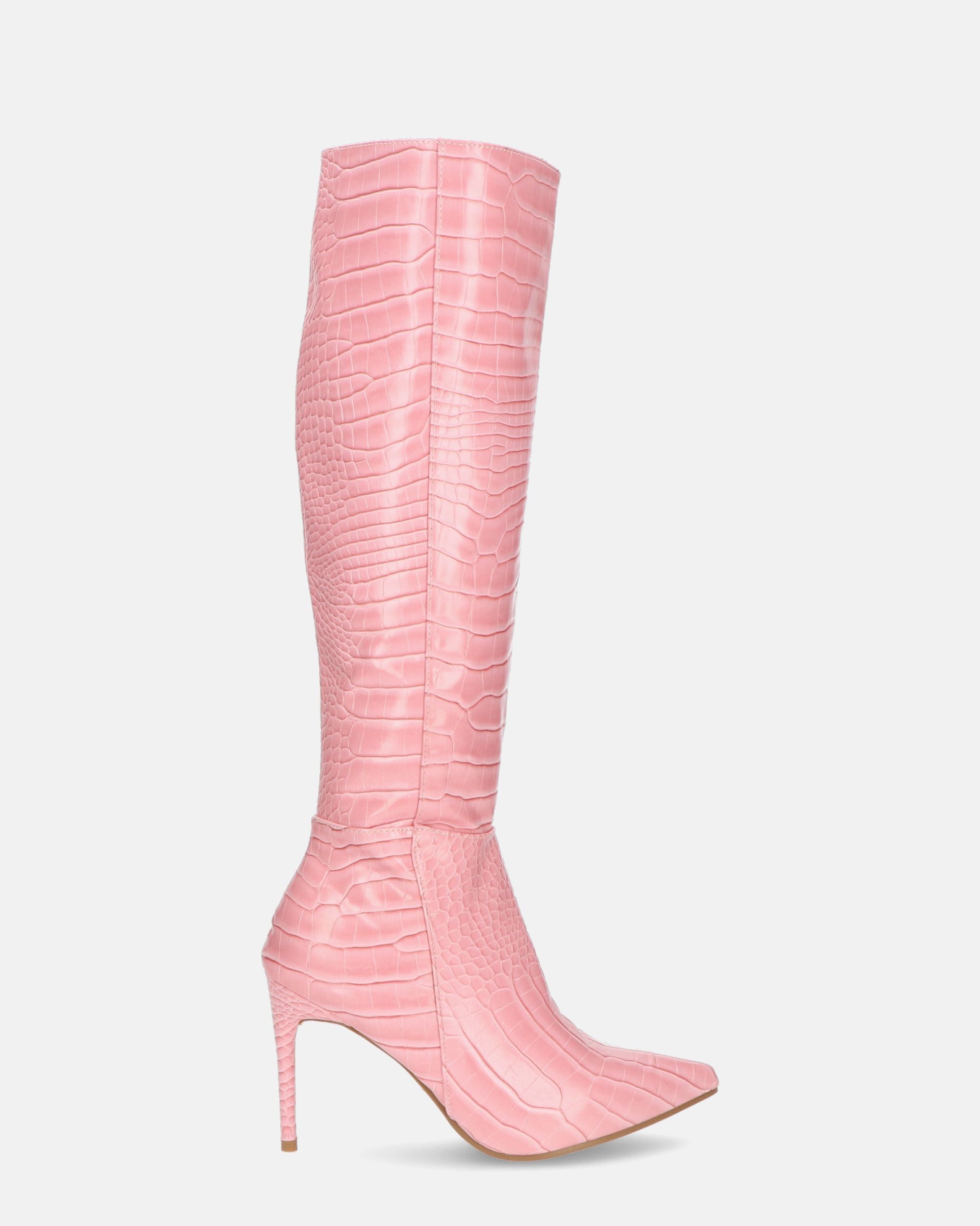 LAILA - high boots in pink eco-leather with crocodile texture and side belt