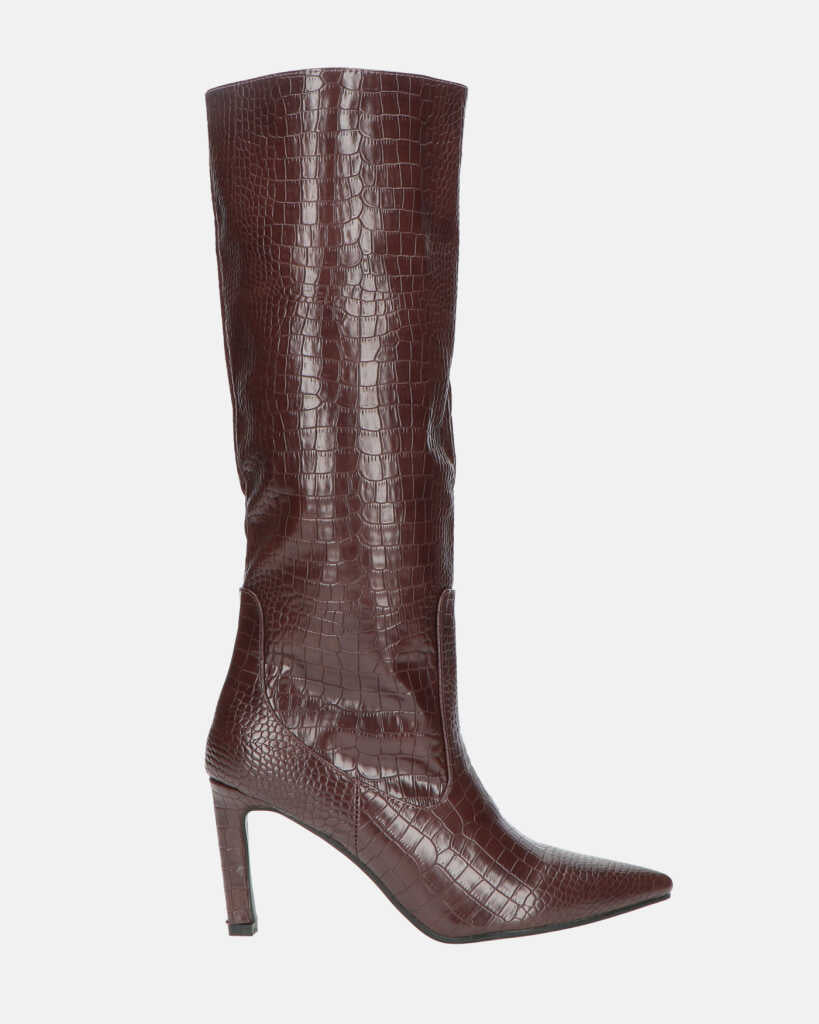 CAROLINE - high heeled boot in dark brown snake