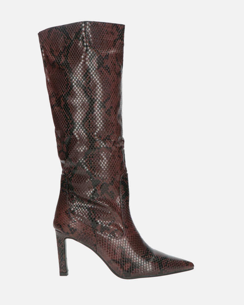 CAROLINE - long heeled boots in brown and black crocodile