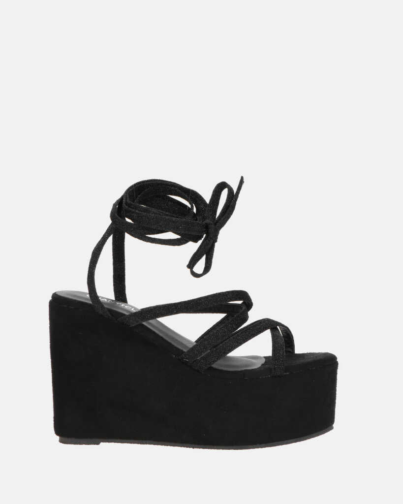 OLLIE - wedge sandals in black with glitter laces